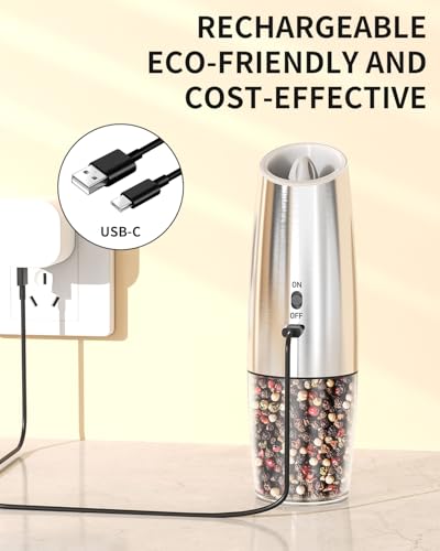 CIRCLE JOY Rechargeable Gravity Electric Salt and Pepper Grinder Set, Stainless Steels Salt and Pepper Mills with LED Light, No Battery Needed, Adjustable Coarseness, Washable 135ml Container, Silver - color: Stainless Steel Set, size: KYMQ + Rechargeable