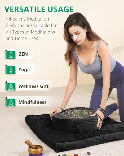 Hihealer Meditation Cushion Set Large Velvet Floor Pillow & Traditional Tibetan Yoga Bolster for Adults Zafu Meditation Mat with Buckwheat Filling (Black) - color: Black