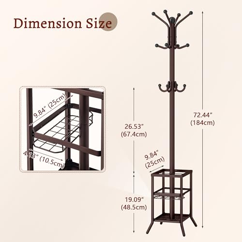 FAVOOSTY Coat Rack Freestanding,Coat Rack Stand with Umbrella Holder,Metal Coat Tree with 12 Hooks,Tree Clothes Hat for Entryway, Hallway, Bedroom, Living Room & Office -Brown - color: Brown