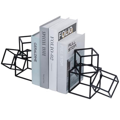 MyGift Modern Black Metal Geometric Bookends, Decorative Book Ends Stands for Home Library Bookshelf Office Desk, 1 Pair, Handcrafted in India, 3 Cube Frame Design