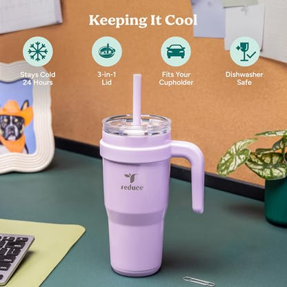 REDUCE 24 oz Stainless Steel Tumbler with Handle - Dual-Wall Vacuum Insulated Travel Mug, Sweat-Proof Lid & Reusable Straw - Keeps Drinks Cold for 24 Hrs, Fits Cupholders, Dishwasher Safe - Phantom - color: Phantom, size: 24 Ounces