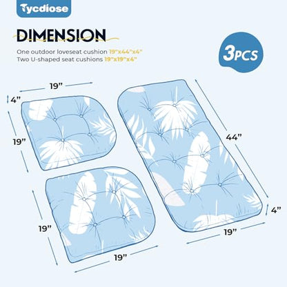 All Weather 3 Piece Wicker Furniture Chair Cushions, Waterproof Outdoor Wicker Chair Cushion for Patio Furniture Loveseat Settee Bench, 1 Loveseat and 2 U-Shaped Thickened Cushions, Blue Leaf - color: Blue Leaves