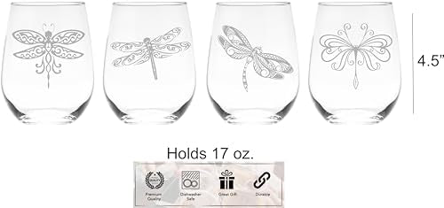 C M Dragonfly Stemless Wine Glass Set, 4 Pieces, 17 oz | Dragonfly Themed, For Women and Men, Gift