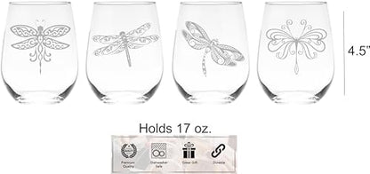 C M Dragonfly Stemless Wine Glass Set, 4 Pieces, 17 oz | Dragonfly Themed, For Women and Men, Gift