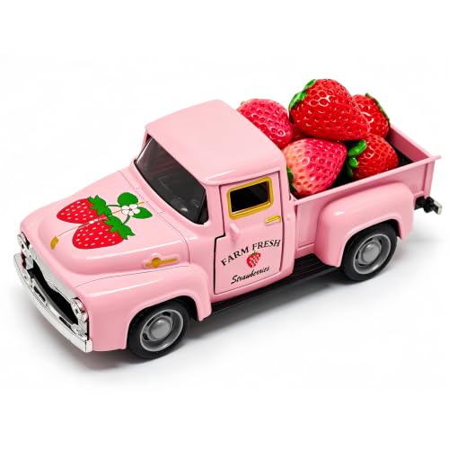 Strawberry Farmhouse Truck Decor Filled with Fake Strawberries | Summer Strawberry Home Kitchen & Tiered Tray Decor Strawberry Shortcake Birthday Decorations Vintage Truck Table Centerpiece - color: Strawberry-pink