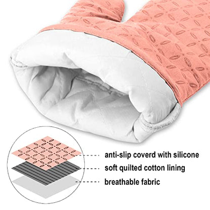 KEGOUU Oven Mitts and Pot Holders 6pcs Set, Kitchen Oven Glove High Heat Resistant 500 Degree Extra Long Oven Mitts and Potholder with Non-Slip Silicone Surface for Cooking (Pink) - color: Pink