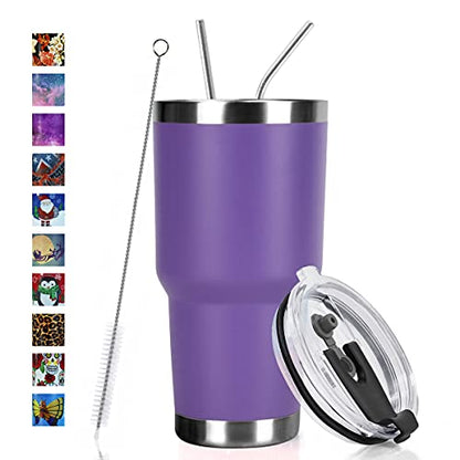 SYACOT 30oz Tumbler Double Wall Stainless Steel Vacuum Insulated Travel Mug with Splash-Proof Lid Metal Straw and Brush - color: Purple-30oz