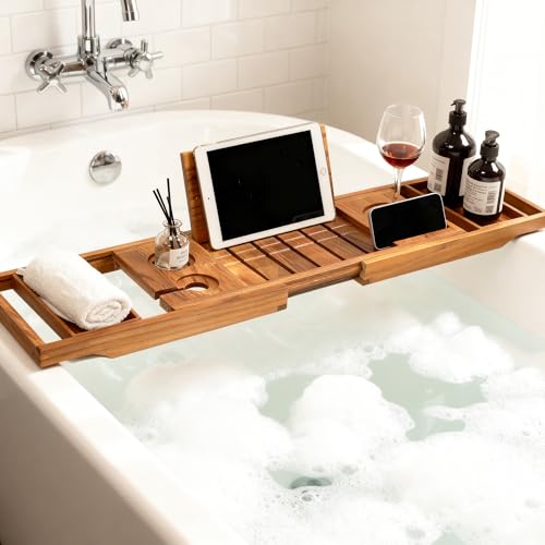 Expandable Teak Bathtub Tray - Luxury Wooden Bath Caddy & Tub Shelf, Over-The-Tub Bath Table with Book & Wine Glass Holder, Waterproof Bathroom Organizer for Spa Experience