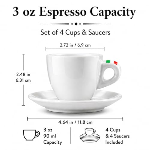 Bacimi® Espresso Cups & Saucers Set of 4 – 3 oz Thick Porcelain Coffee Cups - Barista Style Set - Classic Italian Design - Ceramic Cups for Espresso, Macchiato, Doppio – Dishwasher & Microwave Safe