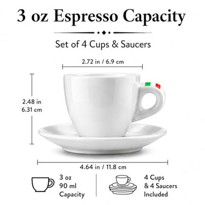 Bacimi® Espresso Cups & Saucers Set of 4 – 3 oz Thick Porcelain Coffee Cups - Barista Style Set - Classic Italian Design - Ceramic Cups for Espresso, Macchiato, Doppio – Dishwasher & Microwave Safe