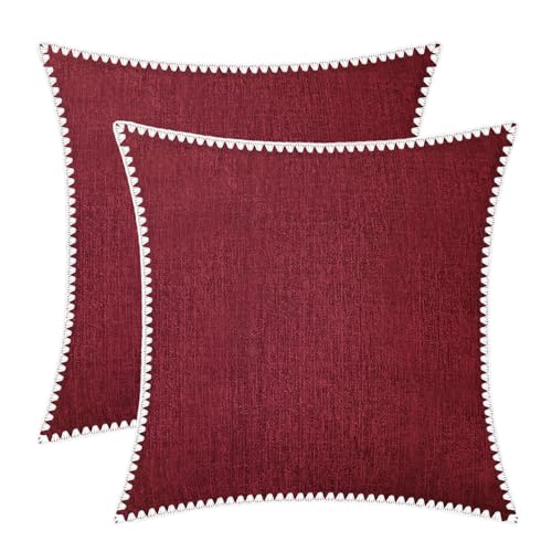 BRAWARM Chenille Throw Pillow Covers 16x16 Inches, Burgundy, 2 Pack | Decorative Pillow Covers with Shell Edge, Soft Cushion Cases for Sofa Bed Living Room Home Farmhouse (No Insert) - color: Burgundy-shell Edge, size: 16" x 16" (Pack of 2)