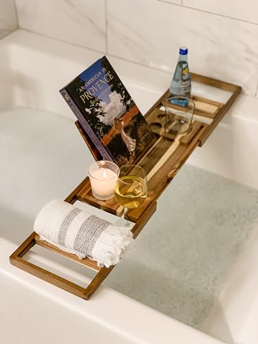Premium Acacia Wood Bathtub Caddy | Adjustable Wooden Bath Tray | Book & Tablet Holder with Wine Glass Slot | Luxury Spa Gift for Her & Him