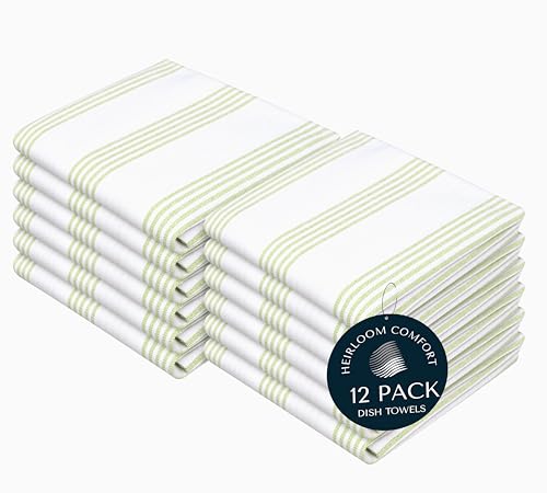 Lemon Green Stripe Kitchen Towels (12 Pack), 100% Cotton, Multi Pin Striped, Super Absorbent & Durable Dish Cloths, Quick Dry Towel Set for Drying Dishes, Everyday Kitchen Cleaning - color: Lemon Green, style: 12 Pack