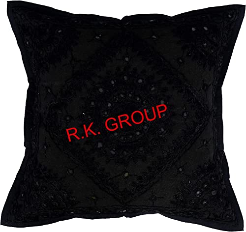 Embroidered Decorative Boho Throw Pillow Cover with Mirrors, Handmade Bohemian Accent Cushion Case for Sofa Couch Bedroom Living Room (Size : 16 X 16 Color : Black) - color: Black, size: 16" x 16" (Pack of 1)