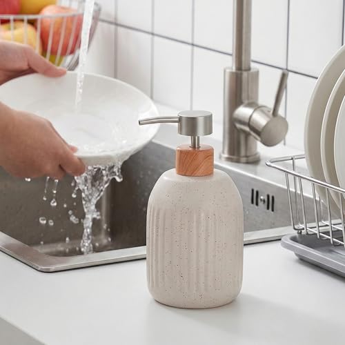 Ceramic Soap Dispenser, 16oz Rustic Dish Hand Soap Dispenser for Bathroom & Kitchen, Speckled Liquid Soap Pump Bottle for Shampoo, Lotion, Conditioner, Modern Farmhouse Bathroom Accessories - color: Ribbed-cream