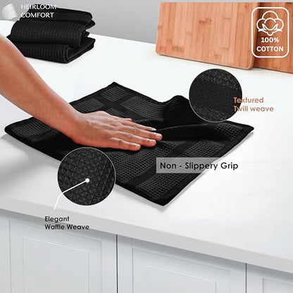 12 Pack Black Waffle Weave Kitchen Towels, 16x26 Inch, 100% Cotton Dishcloth Set, Super Absorbent, Fast Dry, Teal Towels, Soft Hand Towel, Dish Rags, Wash Cloth, Cleaning, Durable - color: Black, style: 12 Pack