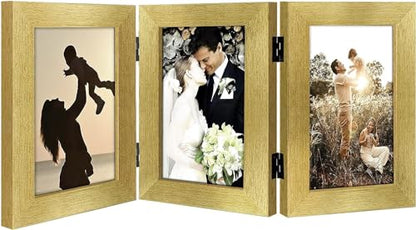 Golden State Art, 4x6 Triple Picture Frame Gold- Real Glass, 1 Pack | Trifold Photo Frame Vertical Display for Desktop - Three Folding Picture Collage - color: Gold, size: 4x6(1 Pack)