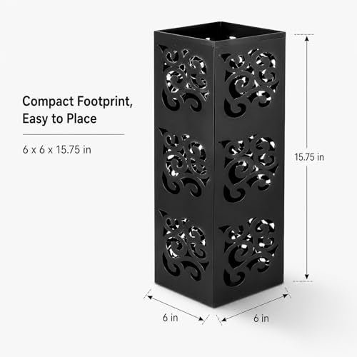 Kingrol Metal Umbrella Holder for Entryway, Square Black Umbrella Stand with Hollow Design, Freestanding Umbrella Rack for Umbrellas, Canes and Walking Sticks, 6 x 6 x 15.75 Inch