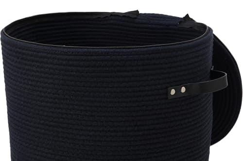 16"x20" Extra Large Cotton Rope Basket with Zipper Lid, Woven Laundry Hamper and Blanket Storage Basket, Round Clothes Bin for Living Room Bedroom, Navy Blue - color: All Deep Blue