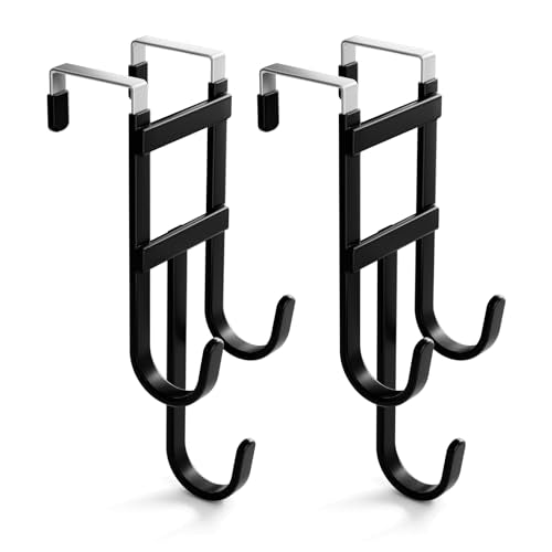 BAKON Over the Door Hanger, 2 Pack Black Triple Hooks Fits Doors 1.6" | Scratch-Resistant Rubber Coated, Hanging Ladders, Ironing Boards, for Bathroom Bedroom Garage Laundry, Dorm Room Essentials - color: Black, 2 Pack