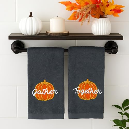 Thanksgiving Fall Harvest Embroidered Guest Fingertip Towels: Orange Gold White Gather Together Pumpkin on Plush Grey Gray, 2 Piece Set, 12" x 18" Inch Oeko-TEX Certified - color: Gather