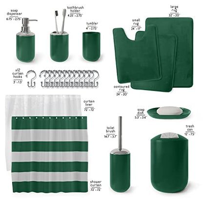 Clara Clark Bathroom Set - Green Bathroom Accessories Set, Bathroom Sets with Shower Curtain and Rugs, 23PC Shower Curtain Set with Liner, Soap Dispenser, Soap Dish, Toilet Brush Holder, and Trash Can - color: Hunter Green, size: Complete Set + Bath Rugs