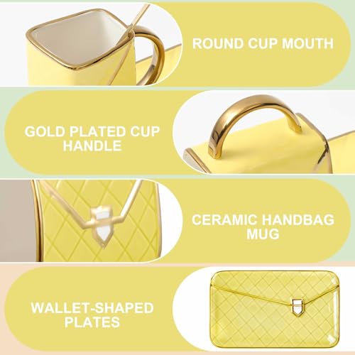 Zubebe 1 Set Coffee Mug Elegant Handbag Shaped Cup Modern Ceramic Purse Mug with Spoon and Saucer, 10oz Cute Creative Tea Cup for Woman Girls Gift (Light Yellow) - color: Light Yellow