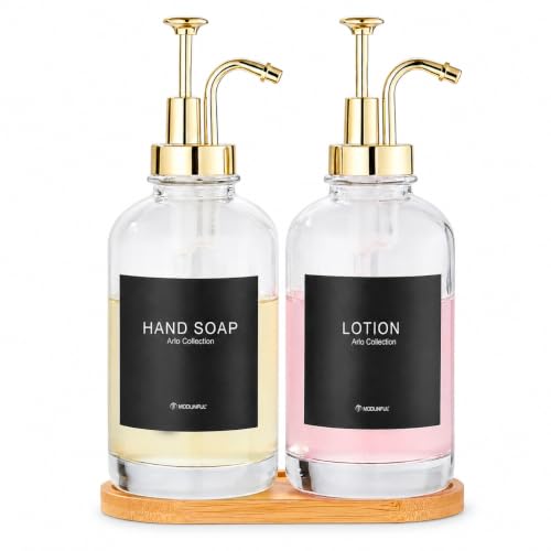 Modunful Glass Countertop Soap Dispenser Set 2 Pack 16.9oz M1 DM2631 White | Bamboo Tray, Silicone Funnel, Residue Free Labels, Gold Stainless Steel Pump for Kitchen Bathroom Decor - color: Dm2648-gold