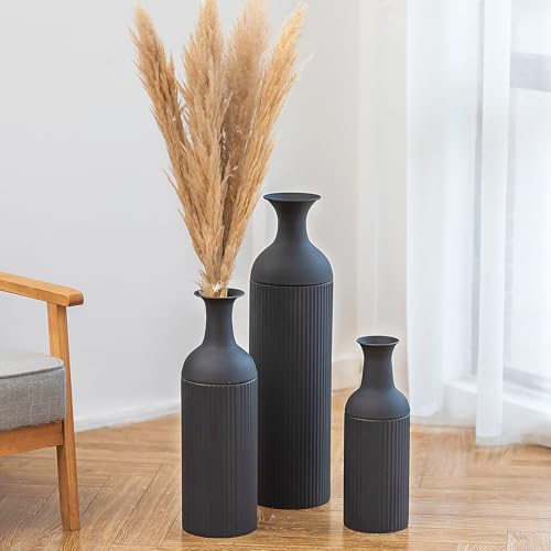 Sziqiqi Black Modern Tall Floor Vase, Ribbed Metal Standing Decor, 3Pcs | 27/20/16in Metal Decorative Vases, Oversized Flower Holder, For Pampas Grass, Living Room, Fireplace, Hallway, Office - color: Black