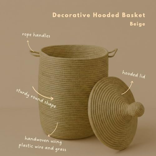 Decorative African Hooded Basket with Lid and Handles, 15" Wide, 19" Tall (Beige) - color: Beige