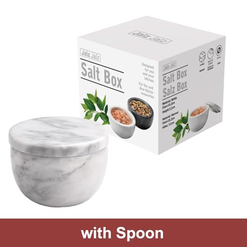 jalz jalz White Marble Salt Cellar with Lid, Large 10oz Spice Keeper Pot with spoon - color: White Cover White Base