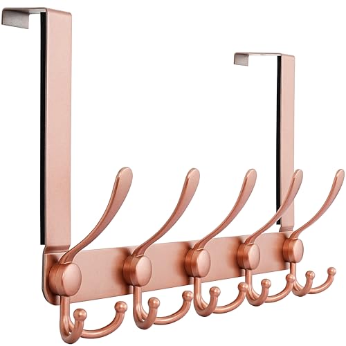 Over The Door Hook Hanger - Fits 1 3/8" to 1 3/4" Standard Doors | 5 Tri Hooks Heavy Duty Towel/Coat Rack | Door Organizer for Clothes, Jackets, Hats, Towels, Rose Gold - color: Rose Gold
