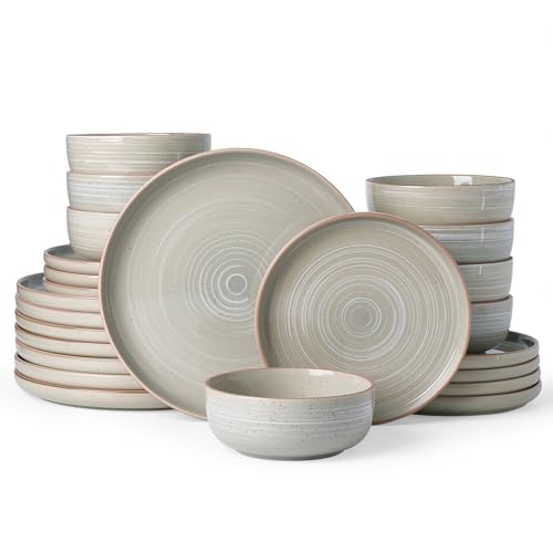 Famiware Meteor 24-Piece Stoneware Dinnerware Set, Matcha Green | Plates and Bowls for 8, Reactive Glaze with Speckles & Circles, Microwave/Dishwasher Safe, Chip/Scratch Resistant - color: Matcha Green, size: Service for 8 (Standard Dinner Set)