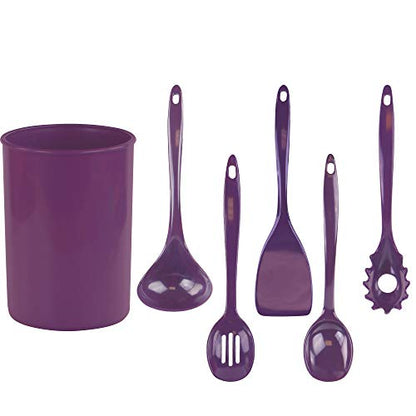 Reston Lloyd 6 Piece Kitchen Utensil Holder for kitchen counter, Utensils crock with Heat Resistant Spoon, Slotted Spoon, Ladle, Spatula BPA Free, Plum - color: Plum, size: Utensil Holder Set