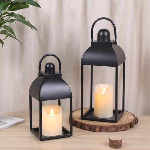 Lanterns Decorative Indoor 15" 11" Set of 2 Black Metal Lantern with Candle | Glass-free Decorative Lanterns with Candles and Remote Control, Outdoor Lanterns for Porch Patio Wedding Mantle Home Decor - color: Black, size: 15in and 11in