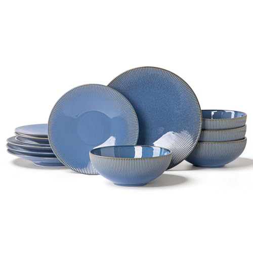 Dinnerware Sets for 4, 12 Piece Stoneware Plates and Bowls, Blue | 12 piece stoneware set for 4 with ribbed texture; dinner plates, salad plates and 33 oz bowls, microwave, dishwasher safe.