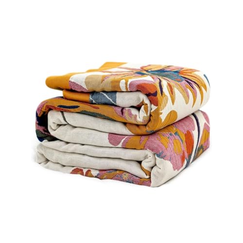Boho Throw Blanket, 100% Cotton Lightweight Throws for Couch 50"x60" | Summer Cozy Blankets for Bed, Reversible Breathable and Soft, Yellow Floral Butterfly Sofa Cover, Living Room Decor for Women - color: 01-lnk and Wash, size: (50"x60")Throw