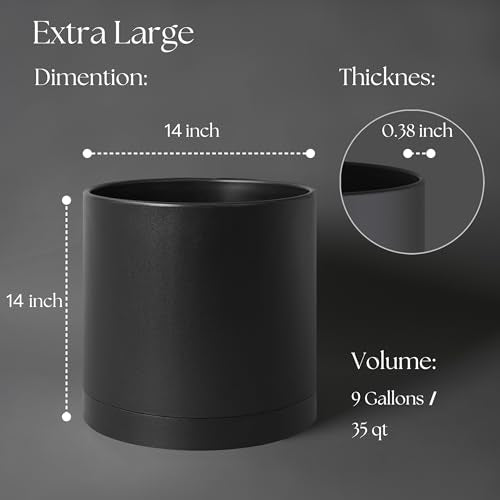 Giraffe Creation 14 Inch Cylinder Plant Pot, Modern Round Planter with Drainage Holes and Saucer, Durable Plastic Flower Pot for Indoor Outdoor Plants, Black - color: Black 14 Inch