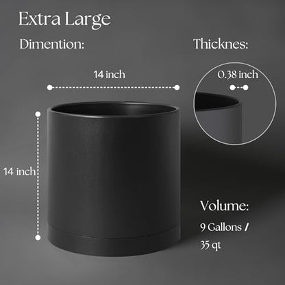 Giraffe Creation 14 Inch Cylinder Plant Pot, Modern Round Planter with Drainage Holes and Saucer, Durable Plastic Flower Pot for Indoor Outdoor Plants, Black - color: Black 14 Inch