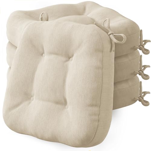 Codi Dining Chair Cushions 4 Pack, Thick Memory Foam Kitchen Seat Pads | 3.5-inch triple-layer comfort, Non-slip backing, Secure ties, Removable washable covers, 16.5"x16.5" D-shaped, Beige - color: Beige-new, size: Pack of 4