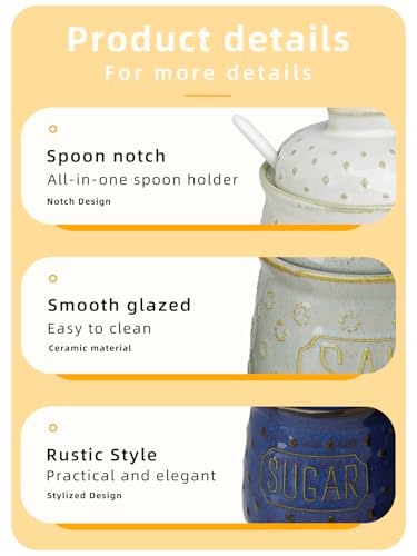 GDCZ 10 Oz Ceramic Salt and Sugar Bowls Set with Lid and Spoons (White) | Convenient Set of 2 for Kitchen, Includes Lids & Matching Spoons, 10oz Capacity, Embossed Pots - color: White