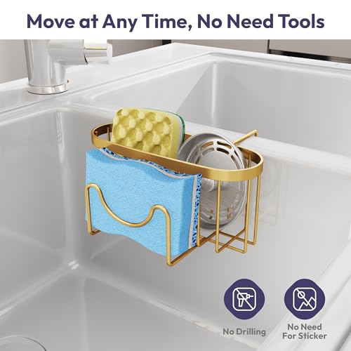 SWTYMIKI Sponge Holder for Kitchen Sink - Movable Kitchen Sink Caddy with M Shape Hook, Stainless Steel Hanging Sponge Caddy for Dish Sponge, Brush, Stopper Organizer in Double Sink, Gold - color: Gold-regular
