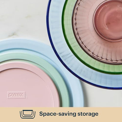 Pyrex Colors (3-Pack) Sculpted Tinted Glass Mixing Bowls with Plastic Lids - color: Pink, Green, Blue, size: 3 Pack, Small/Medium/Large, With Lids
