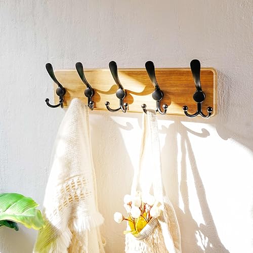 Coat Rack Wall Mount - Heavy-Duty Robust Rustic Wooden Wall Coat Hanger Hook Rail with 5 Triple Hooks for Winter Jacket & Hat Clothing, Light Brown & Black - color: Light Brown & Black, size: L=17.4"