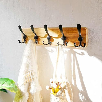 Coat Rack Wall Mount - Heavy-Duty Robust Rustic Wooden Wall Coat Hanger Hook Rail with 5 Triple Hooks for Winter Jacket & Hat Clothing, Light Brown & Black - color: Light Brown & Black, size: L=17.4"