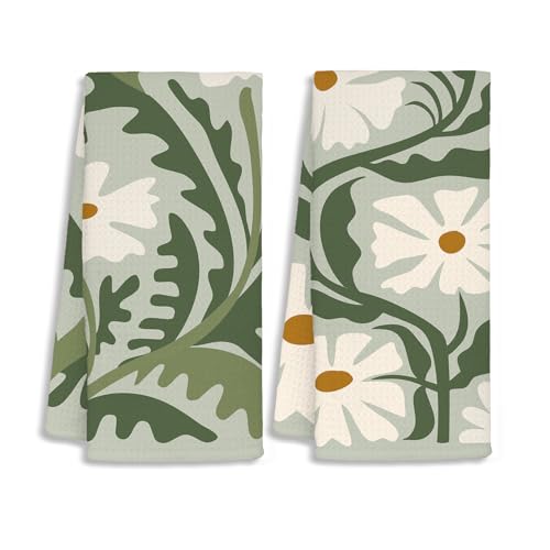 Abstract Sage Green KitchenTowels Boho Floral Kitchen Towels Set of 2, Flower Botanical Dish Towels for Kitchen Drying, Dark Cottagecore Neutral Hand Towels for Bathroom, 16x24 Inch - color: A-sage Green