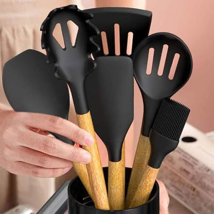 Silicone Cooking Utensils Set, 33PCS Kitchen Gadgets Tools with wooden Handle, Spoons, Spatulas, Whisk, Dishwasher Safe (Cream White, Set of 33)