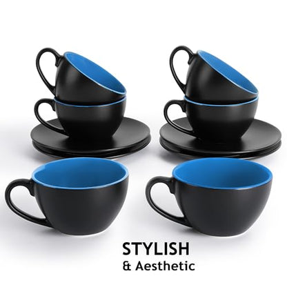 MIAMIO - Set of 6, Ceramic Stackable Cappuccino Cups Set / 6 Ounce Cappuccino Mugs and Saucer with Metal Stand for Coffee Drinks, Cafe, Latte, Americano and Tea - Le Papillon Collection (Blue) - color: Blue