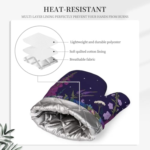 Wildflowers Florals Oven Mitts Pot Holders Set Silicone Heat Resistant Wildflowers Oven Mitts and Hot Pads Florals Potholders Non-Slip Oven Gloves for Cooking Baking Grilling BBQ - color: Purple