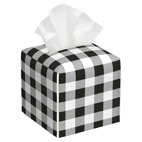 Tissue Box Cover Square, Black Grey White Buffalo Plaid Checkered Leather Tissue Box Cover Decorative Facial Paper Organizer Dispenser for Bathroom Kitchen Bedroom Vanity Countertop Night Stands - color: Color11